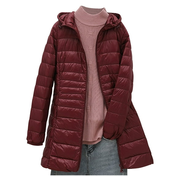 zfwon Lightweight Padded Jackets for Women Long Hooded Puffer Jacket Slim Fit Thin Puffer Coat Long Sleeve Quilted Down Jacket Autumn Winter Warm Coats Waterproof Outerwear