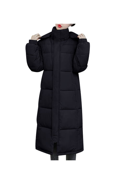 Long Quilted Coats for Women Hooded Padded Jacket Zip Buton Down Puffer Coat Below Knee Loose Fit Thickened Fleece Trim Parka Windbreaker Overcoat Winter Warm Quilted Outerwear