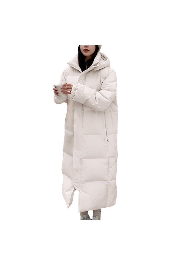 Long Quilted Coats for Women Hooded Padded Jacket Zip Buton Down Puffer Coat Below Knee Loose Fit Thickened Fleece Trim Parka Windbreaker Overcoat Winter Warm Quilted Outerwear