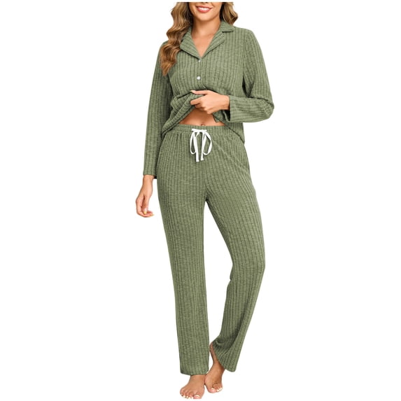 zfwon Lounge Sets for Women Knit Pajamas Set Women Solid Button Down V Neck Long Sleeve Tops & Drawstring Waist Trousers 2 Piece Loungewear Sleepwear Comfort Matching Pyjama Set