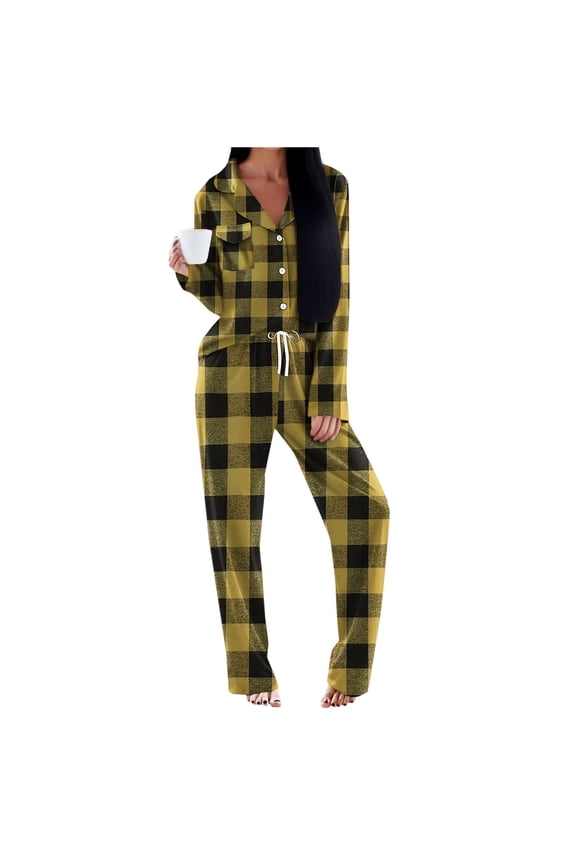 Lounge Wear Co Ord Sets for Women 2 Piece Plaid Pajamas Set Lapel Long Sleeve Shirts Elastic Waist Trousers with Pocket Loose Fit Casual Pjs Set Nightwear Sleepwear