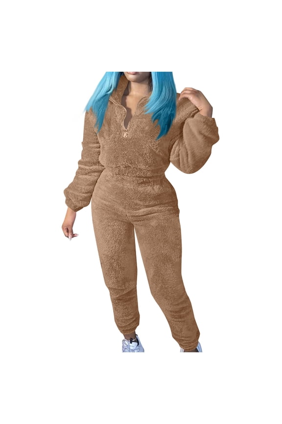 Lounge Wear Co Ord Sets for Women Solid Ladies Fleece Pajamas Sets 1/4 Zip Long Sleeve Fluffy Pjs and Trousers Matching Sets Loungewear Plush Comfy Sleepwear Nightwear Winter