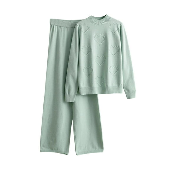 zfwon Lounge Wear Sets for Women 2 Piece Outfits Soft Knit Co-Ord Set Long Sleeve Crew Neck Sweater and Relaxed Fit Trousers Warm Winter Ladies Pjs Loungewear Sleepwear Homewear