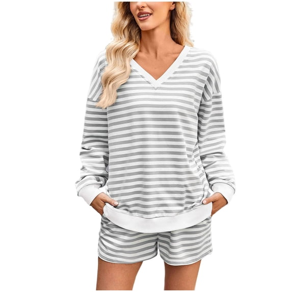 zfwon Lounge Wear Sets for Women 2 Piece Outfits Women's Striped V-Neck Long Sleeve Pullover Tops & Elastic Waist Shorts Matching Set Colour Block Sportswear Casual Tracksuit Outfit