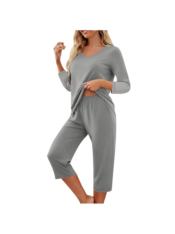 Lounge Wear Sets for Women Laies Pajama Sets V-Neck 3/4 Sleeve Tops & Drawstring Elasticed Waist Capri Pants 2 Piece Matching Sets Solid Colour Casual Homewear Sleepwear Loungewear