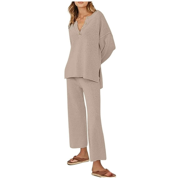 zfwon Lounge Wear Sets for Women Oversized Tracksuit Set Waffle Knitwear Casual Women's Long Sleeve V Neck Pullover Tops and Wide Leg Trousers 2 Piece Outfits Co Ord Sets