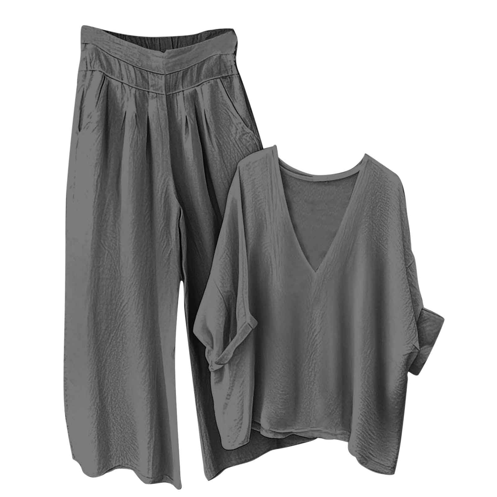 zfwon Lounge Wear Sets for Women UK Solid Color Cotton Linen Set V