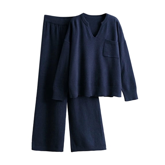 zfwon Loungewear Co Ord Set Women 2 Piece Outfits Knitwear V-Neck Sweater Tops with Pocket and Wide Leg Trousers Matching Sets Stretchy Lounge Wear for Women Casual Home Office Wear