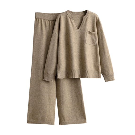 zfwon Loungewear Co Ord Set Women 2 Piece Outfits Knitwear V-Neck Sweater Tops with Pocket and Wide Leg Trousers Matching Sets Stretchy Lounge Wear for Women Casual Home Office Wear