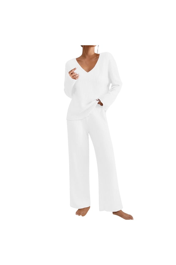 Loungewear Sets for Women Baggy Pajama Set Women 2 Piece Outfits Lightweight Soft V-Neck Long Sleeve Jumpers and Wide Leg Trousers Sleepwear Knitwear Homewear Relaxed Fit