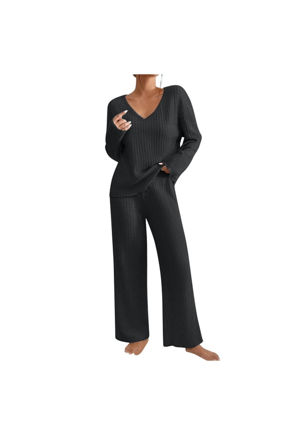 Loungewear Sets for Women Baggy Pajama Set Women 2 Piece Outfits Lightweight Soft V-Neck Long Sleeve Jumpers and Wide Leg Trousers Sleepwear Knitwear Homewear Relaxed Fit