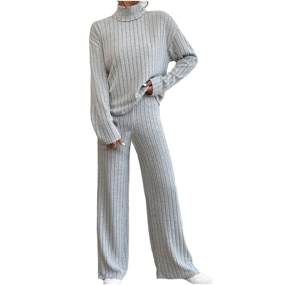 zfwon Loungewear Sets for Women Lightweight Knit Textured Turtle Neck Jumper Tops and Wide Leg Trousers Matching Set Pyjamas Set Nightwear Homewear Casual Weekend Outfit