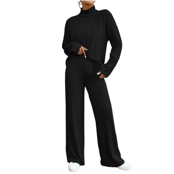 zfwon Loungewear Sets for Women Lightweight Knit Textured Turtle Neck Jumper Tops and Wide Leg Trousers Matching Set Pyjamas Set Nightwear Homewear Casual Weekend Outfit