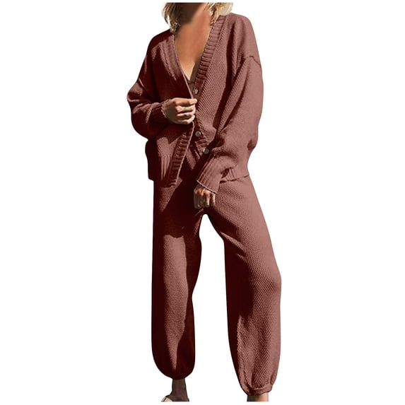 zfwon Loungewear Sets for Women Solid Color Sweater Set 2 Piece Oversized Cardigan with High-Waisted Joggers Pants and Long Sleeve V-Neck Top Waffle Knit Casual Outfits for Autumn Winter