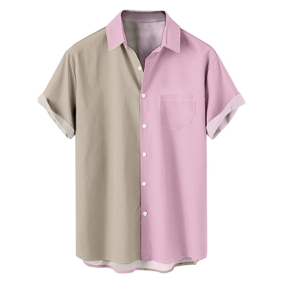 zfwon Men T Shirts Button-Down Turndown Collar T-shirts Plus Size Fashion Patchwork Printing Short Sleeve with Pockets Tops Beach Summer Shirt Regular Fit Vacation Blouse