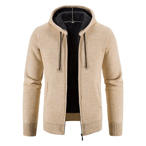 zfwon Men’s Winter Knit Cardigan Sweater Baggy Sherpa Lined Cardigan Fleece Hooded Sweaters Thermal Long Sleeve Zip Up Sweatshirts Thick Daily Wear Knitwear with Pockets