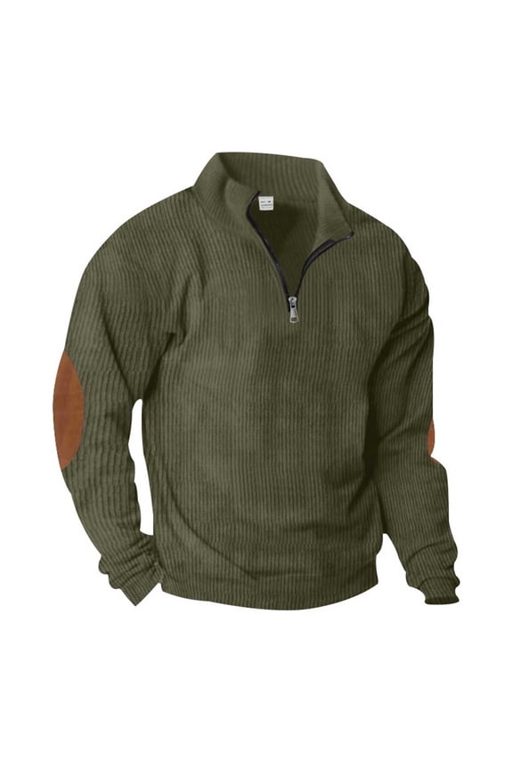 Mens 1/4 Zip Sweatshirt Corduroy Long Sleeve Pullover Winter Thermal Stand-Up Collar Pullover with Elbow Patch Loose Warm Work Jumpers Vintage Everyday Wear