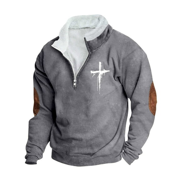 zfwon Mens 1/4 Zip Sweatshirts Cross Print Long Sleeve Jumpers Plus Size Warm Fleece Christian Pullover Fashion Workwear Tops Thermal Outdoor Running Hiking Pullover