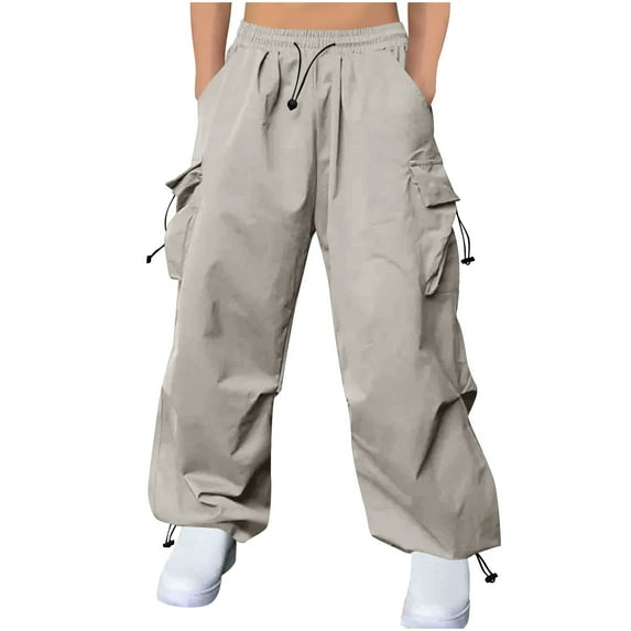 zfwon Mens Cargo Trousers Elasticated Waist Work Pants Plus Size Lightweight Solid Color Wide Leg Bottoms with Multi Pockets Fashion Hip Hop Hiking Parachute Pants Streetwear