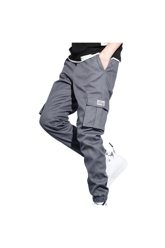 Mens Cargo Trousers Plus Size Straight Leg Overalls with Multiple Pockets Solid Colour Outdoor Camping Hiking Work Pants Drawstring Jogging Bottoms Trousers