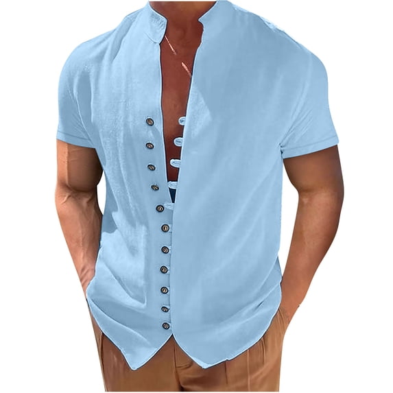 zfwon Mens Casual Cotton Linen Shirts Loose Summer Men's Beach Holiday Tops Quick Dry Breathable Short Sleeve Button Down Tops Comfy Plain Color Office Business Work Shirts