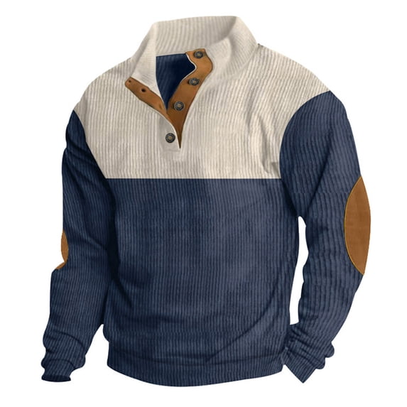 zfwon Mens Corduroy Sweatshirt Fashion Colour Block Jumpers Button Up Henley Sweatshirts Loose Outdoor Gym Running Pullover Warm Fleece Jumpers with Elbow Patches