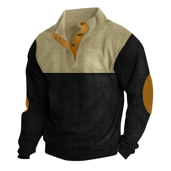 zfwon Mens Corduroy Sweatshirts Long Sleeve 1/4 Buttons Jumpers Stand Up Collar V Neck Pullover Outdoor Activities Golf Hiking Tops with Elbow Patches Winter Warm Outwear
