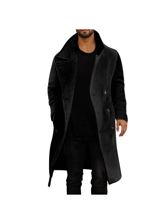 Mens Double Breasted Trench Coat Slim Fit Mid Long Business Overcoats with Pockets Winter Formal Windbreak Jackets Casual Fall Winter Classic Overcoat for Outing Wedding