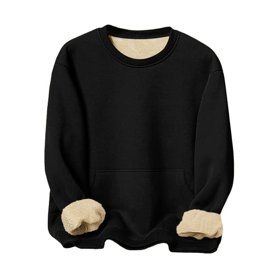 zfwon Mens Fleece Lined Sweatshirts Crew Neck Solid Color Pullover Trendy Long Sleeve Thick Thermal Jumpers Work Casual Sports Pullover Loose Fit Basic Autumn Winter