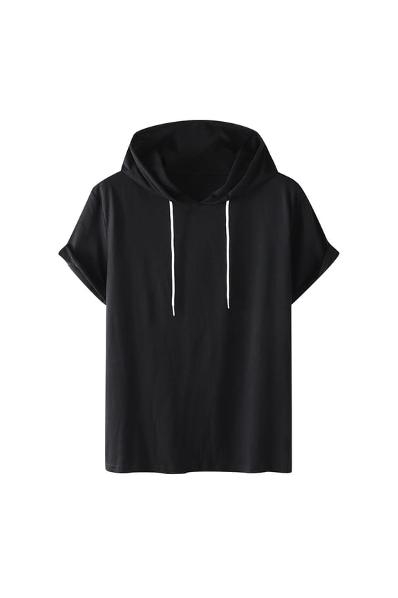 Mens Hoodies Cotton Short Sleeve Shirts Oversized Workout Gym Tops Outdoor Leisure Top Solid Lightweight Pullover Comfy Drawstring Blouse