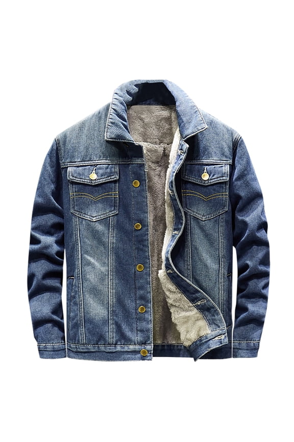 Mens Jean Jackets Denim Plus Size Thermal Sherpa Fleece Lined Coats Winter Warm Button Down Outerwear Mens Casual Long Sleeve Lapel Jackets with Pockets Size M-5XL