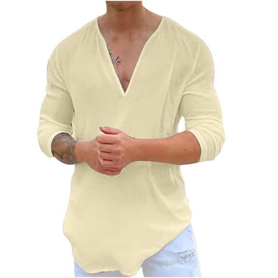 zfwon Mens Linen Cotton T Shirts Long Sleeve Tshirts Lightweight Deep V Neck Plain Color Tops Trendy Loose Fit Outdoor Walking Workout Running Pullover Streetwear