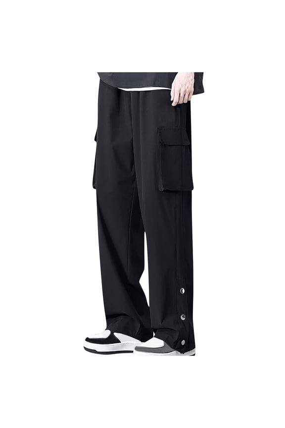 Mens Loose Fit Wide Leg Cargo Trousers Lightweight Elastic Waist Multi Pockets Pants Side 1/4 Buckle Split Bottoms Quick Dry Solid Color Straight Leg Lounge Wear Size M-5XL