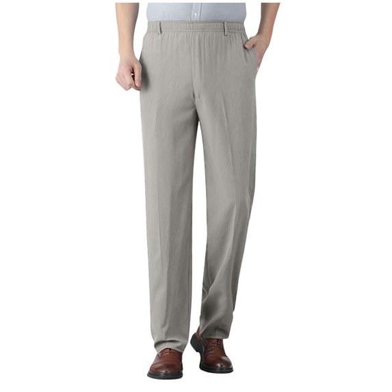 zfwon Mens Pants Fully Elasticated Stretch Waist Band Pants Formal Casual Business Office Work Home Smart Dress Loose Solid Color Breathable Trousers with Pockets