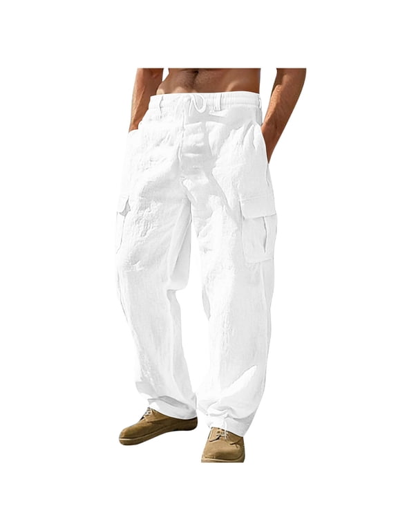 Mens Plain Cotton Linen Trousers Summer Casual Pants Lightweight Straight Leg Elastic Waist Trousers Trendy Loose Beach Yoga Travel Lounge Pants Daily Wear with Pockets