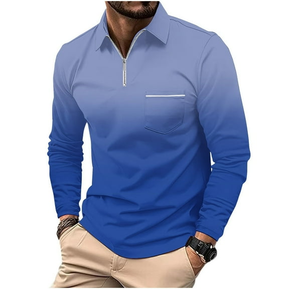 zfwon Mens Polos Shirts 1/4 Zip Long Sleeve Tops Fashion Lapel Gradient Shirts Smart Office Work Pullover with Pocket Going Out Golf Rugby Top Outdoor Sport Pullover