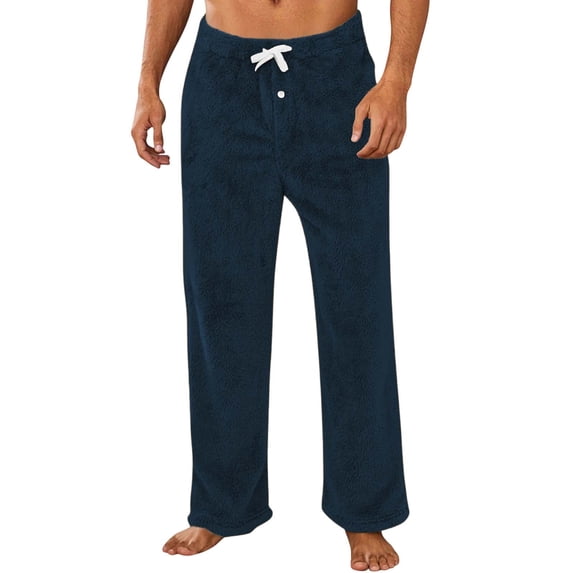 zfwon Mens Pyjamas Bottoms Fluffy Pyjamas Sleep Fleece Troursers Winter Thick Warm Wide Leg Pants Trendy Solid Color Flannel Lounge Trousers Loose Fit Elastic Waist Pants