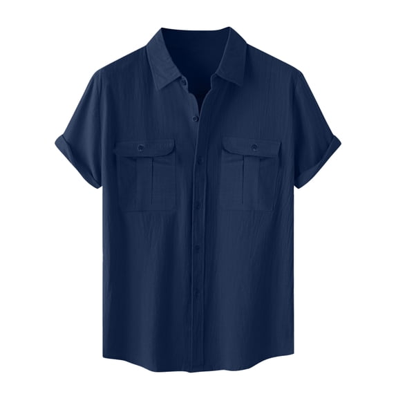 zfwon Mens Shirts Men's Button Down Cotton Linen Shirts Summer Casual Short Sleeve Regular Fit Solid Colors Turndown Collar Polos Tops with Two Pockets Daily Wear Tops