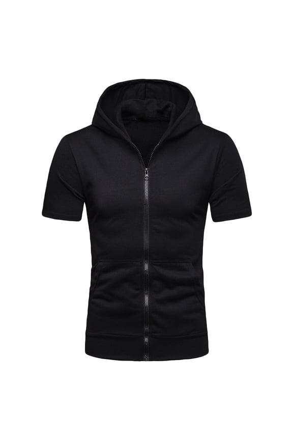 Mens Short Sleeve Hoodies Fashion Zip Up Workout Gym Athletic Running Shirts Summer Solid Color Full Zip Muscle Fit Hooded Tops Comfortable Mens Training Fitness Tops