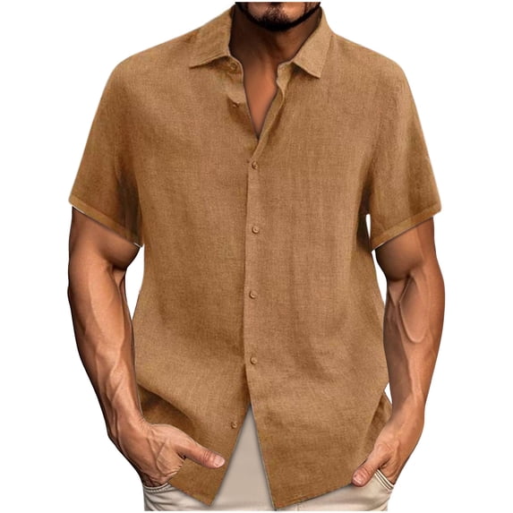 zfwon Mens T-Shirt Cotton Linen Short Sleeve Shirts Button Down Tops Solid Color V Neck Lapel Tops Formal Regular Fit Shirts for Men Beach Summer Vacation Wedding Blouses