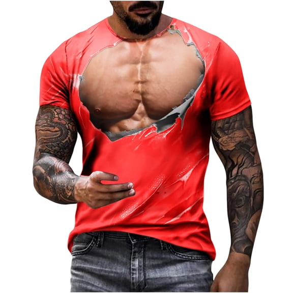 zfwon Mens T-Shirts Novelty Tshirts for Men Funny 3D Muscle Line Print Tops Baggy Round Neck Sport Tees Gym Running Undershirts Classic Fit Tee Shirt Breathable Blouse