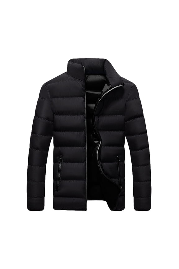 Mens Winter Puffer Jackets Oversized Warm Down Coats Lightweight Zip Up Outerwear Thermal Stand Collar Plain Color Jackets with Pockets Outdoor Windbreaker Padded Coats