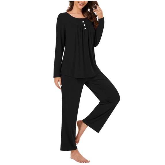 zfwon Pajama Set Women Casual Printed/Solid Long Sleeve Button Down Crew Neck Tops & Wide Leg Trousers Relaxed Loungewear Sleepwear 2 Piece Matching Set Spring Autumn