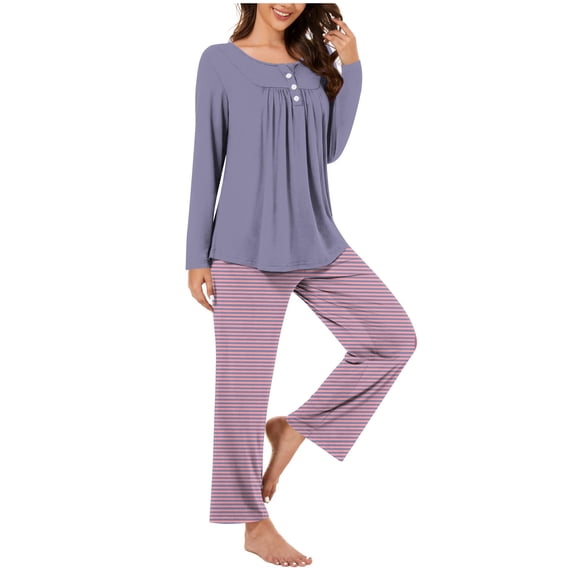 zfwon Pajama Set Women Casual Printed/Solid Long Sleeve Button Down Crew Neck Tops & Wide Leg Trousers Relaxed Loungewear Sleepwear 2 Piece Matching Set Spring Autumn