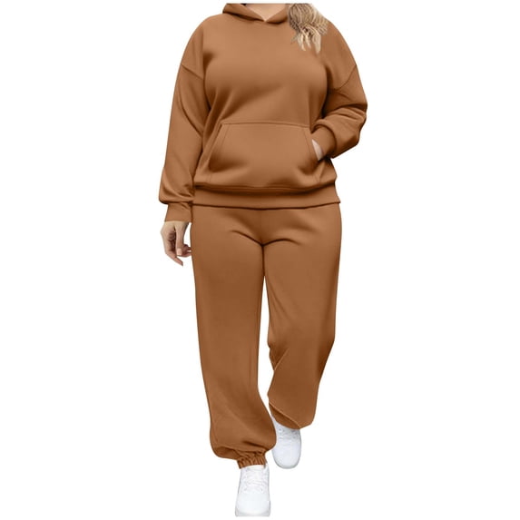 zfwon Plus Size Tracksuit Womens Full Set Women's Long Sleeve Pullover Crew Neck Sweatshirt & Sweatpant Solid Colour Casual Joggers Set 2 Piece Outfits Comfort Fit Size L-5Xl
