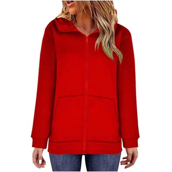 zfwon Plus Size Zip Up Hoodies for Women Solid Color Oversized Hooded Sweatshirt Long Sleeve Lightweight Jacket Casual Coat with Pockets Autumn Winter Outerwear