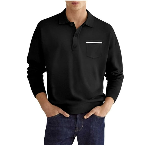 zfwon Polos Shirts for Men Adult Long Sleeve Solid Color Turndown Tops Regular Fit Office Work Formal Dress Shirts with Pocket Fashion Golf Tennis Pullover Basic Top