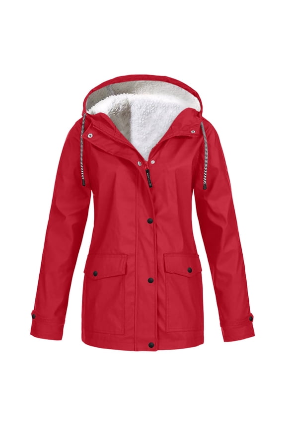 Rain Coats for Women Plus Size Fleece Lined Rain Coat Women Waterproof Winter Jackets Warm Thick Solid Color Long Sleeve Jacket Loose Fit Camping Hiking Outwear