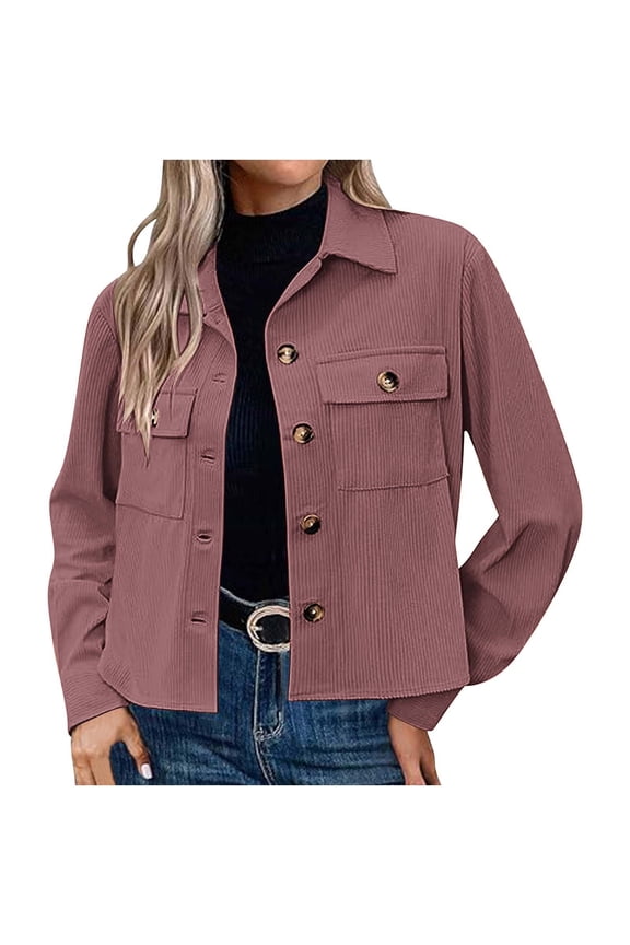 Short Corduroy Jackets for Women Casual Lapel Button Down Long Sleeve Shacket Warm Soft Shirt Jackets with Chest Pocket Solid Color Elegant Work Coats Autumn Winter Outerwear