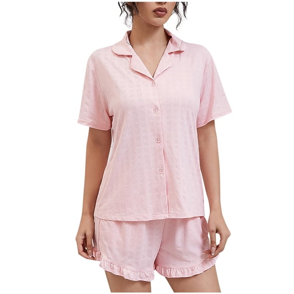 zfwon Shorts Pyjamas Sets for Women Comfort Matching Set Solid Pajamas Sets Button-Down V Neck Short Sleeve Shirt & Shorts 2 Piece Womens Pjs Set Soft Sleepwear Loungewear